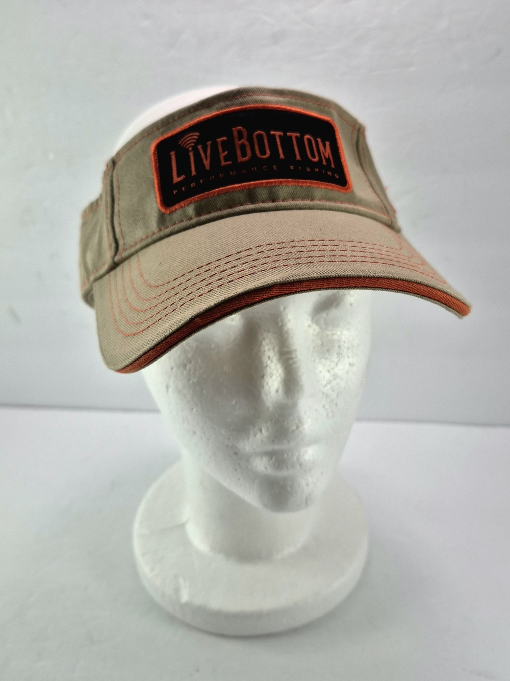 NWOT Live Bottom Performance Fishing Khaki Visor Hat Orange Trim